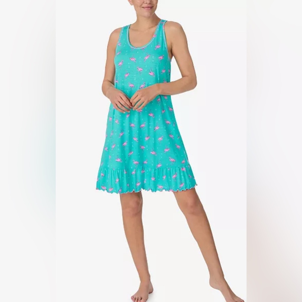 NWOT Ellen Tracy Flamingo Chemise Gown Pajamas Aqua Blue Pink Size Small